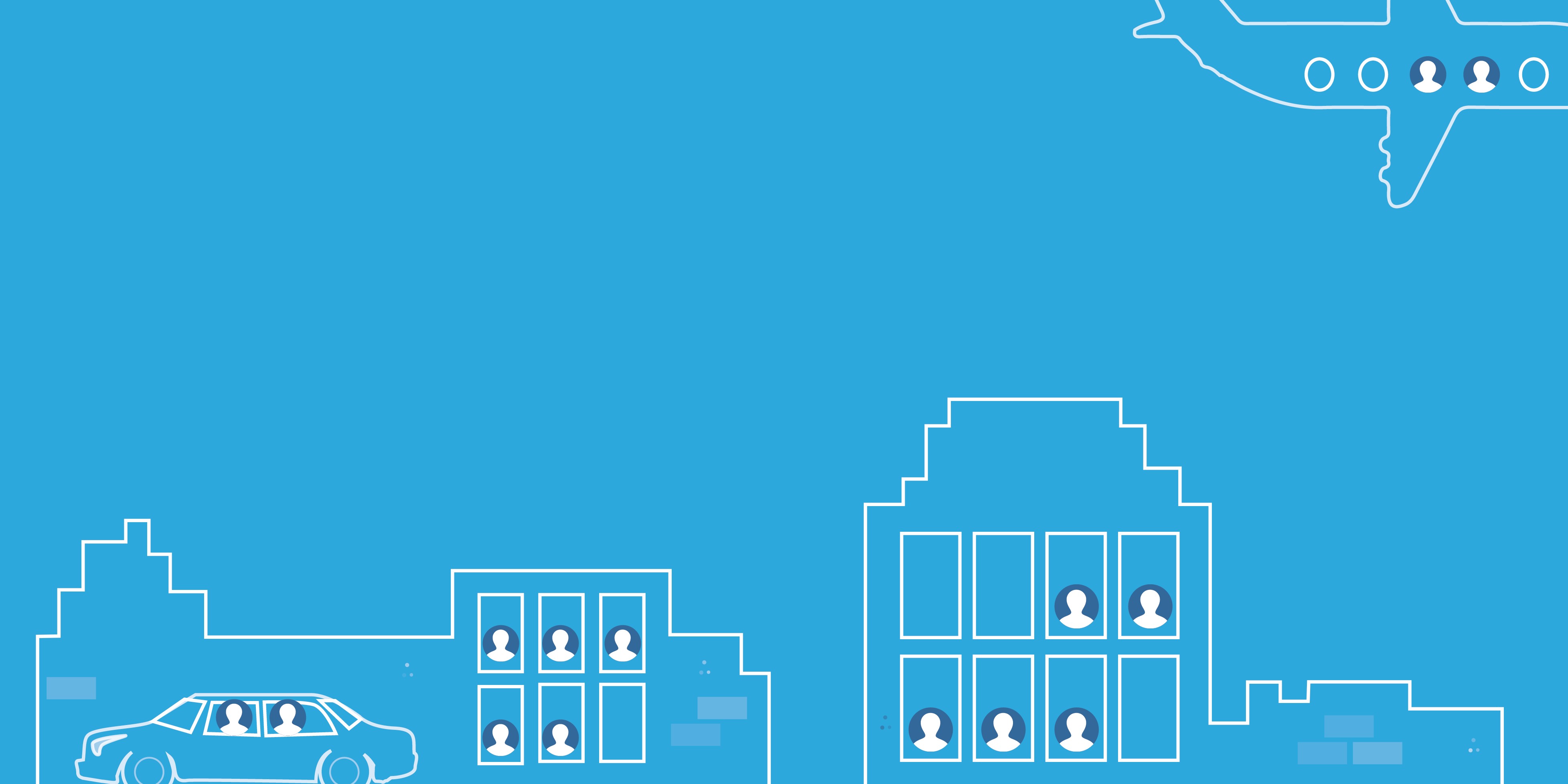 A drawing of office buildings with people in them, a car and an airplane in the sky.