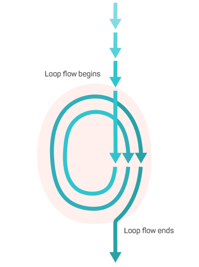 Teal arrows looping around twice and then straightening again; labeled with Loop flow begins and Loop flow ends.