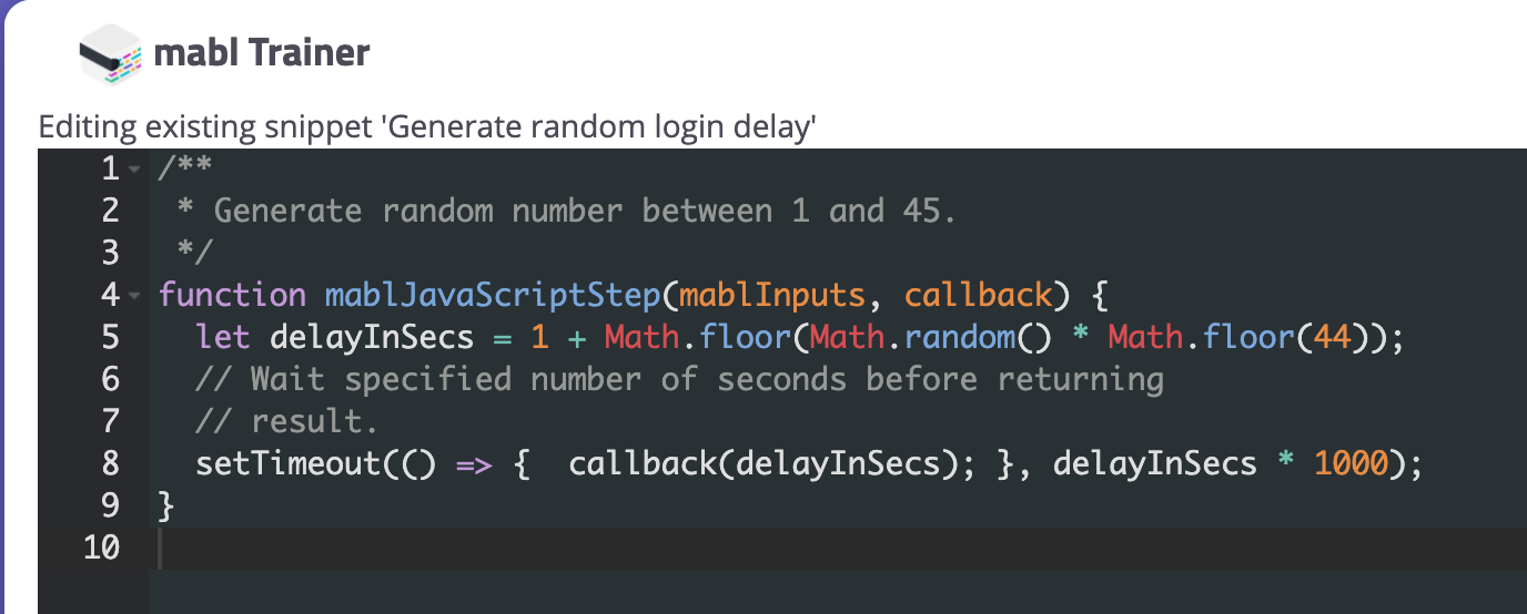 A screenshot showing how to write functions using mabl’s JavaScript snippet feature and executing them as steps.