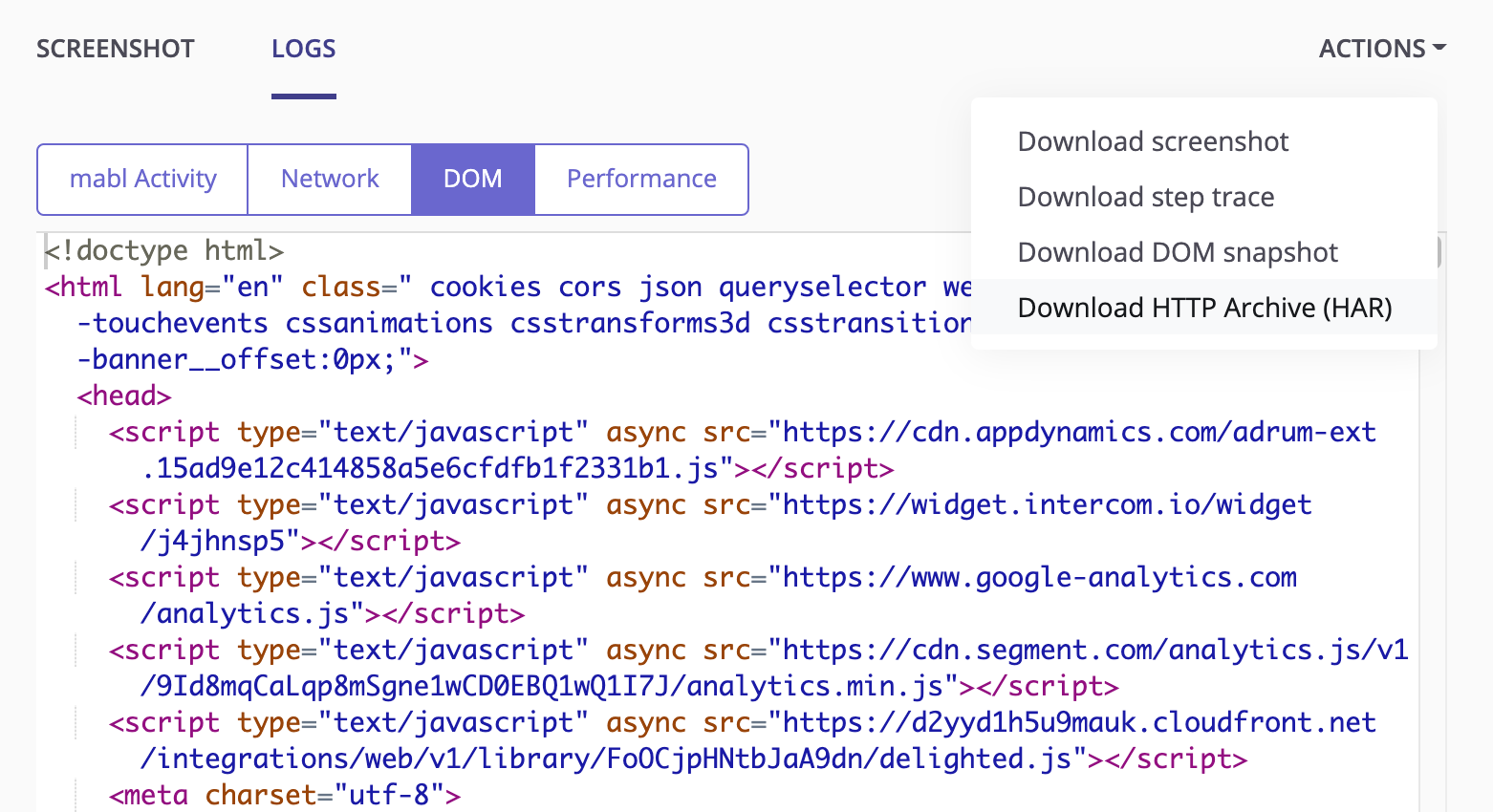 A screenshot showing that mabl automatically captures a lot of browser data for each step, including a snapshot of the DOM.