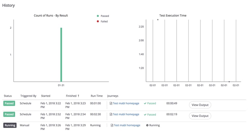 A screenshot showing the Test Execution History dashboard for the Email Address Form Validation test.