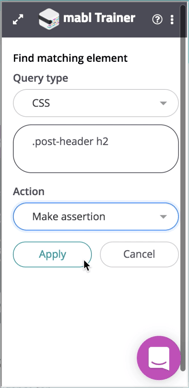 A screenshot showing that once the CSS elements are found, you can apply an assertion that it is present.