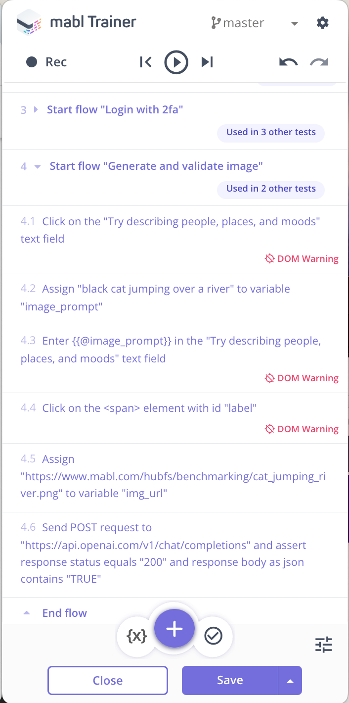 A screenshot of the steps added to the mabl trainer to accomplish the task for the image prompt.