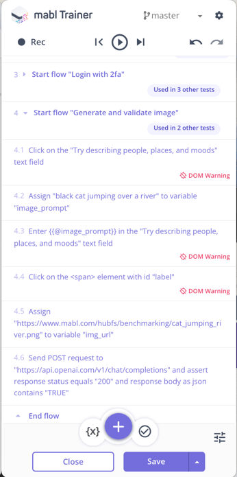 A screenshot of the steps added to the mabl trainer to accomplish the task for the image prompt.