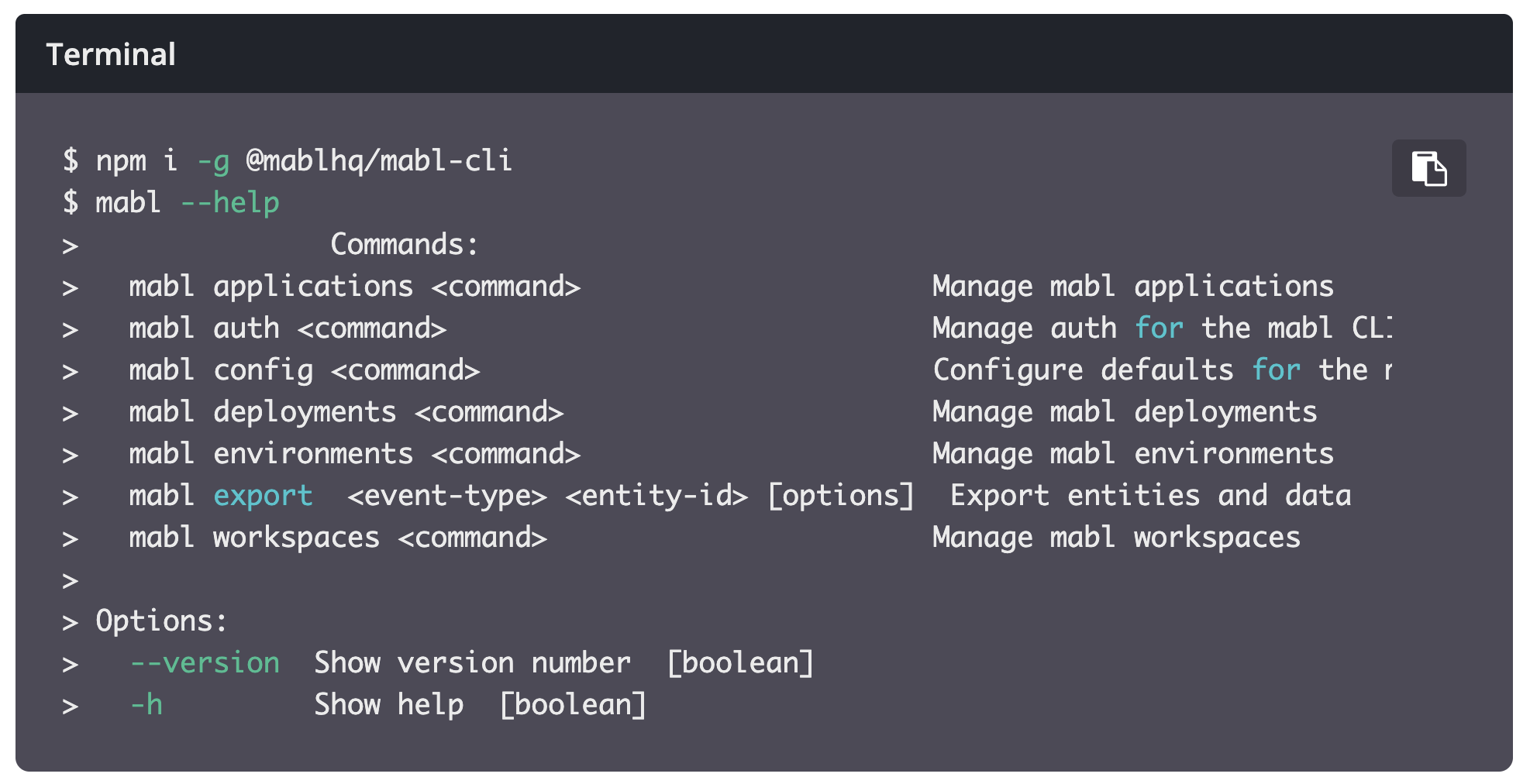 Some code related to mabl and with the title Terminal.