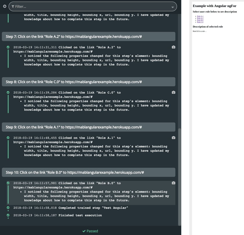 A screenshot of the test output from the mabl app that is collection information at each step of the journey.