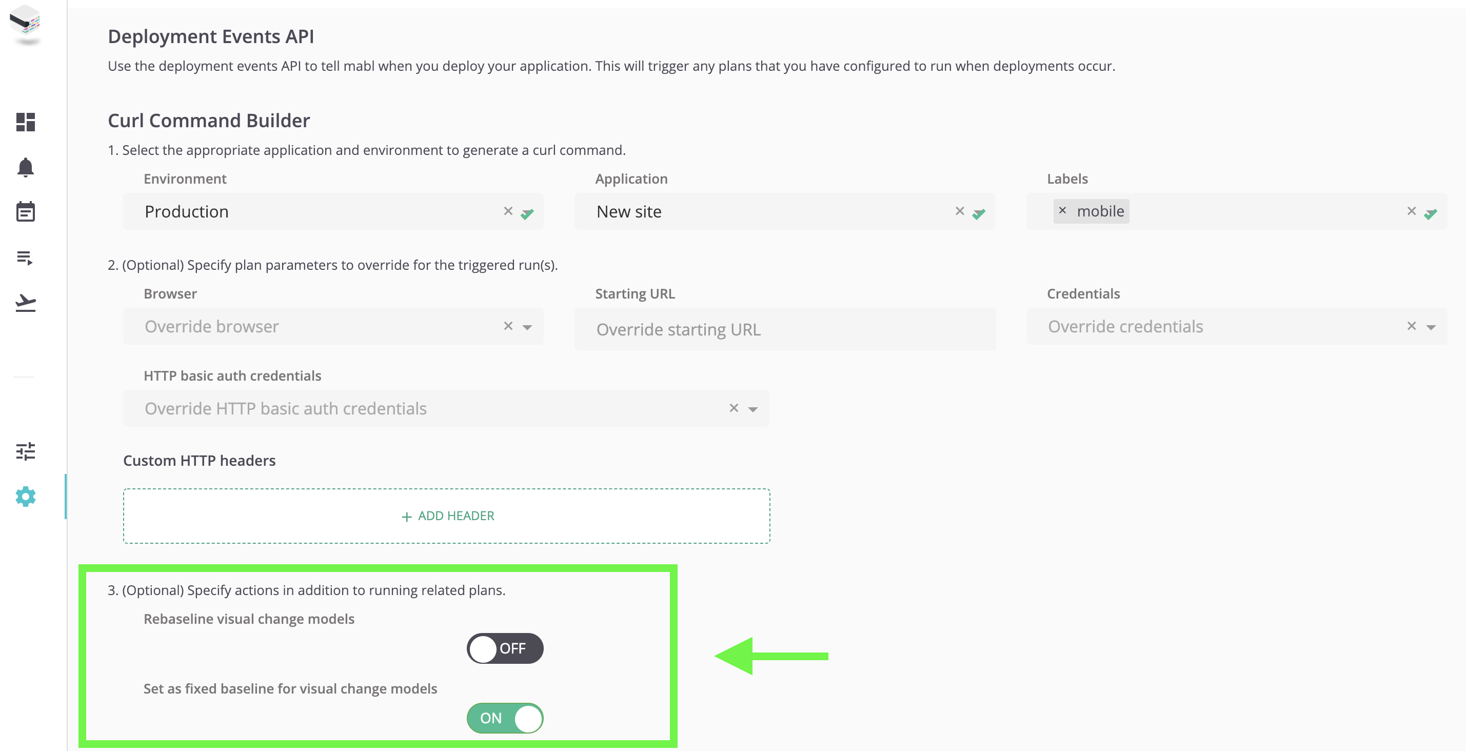 A screenshot showing how to use the Deployments API to quickly create a new, fixed baseline for visual change detection. 
