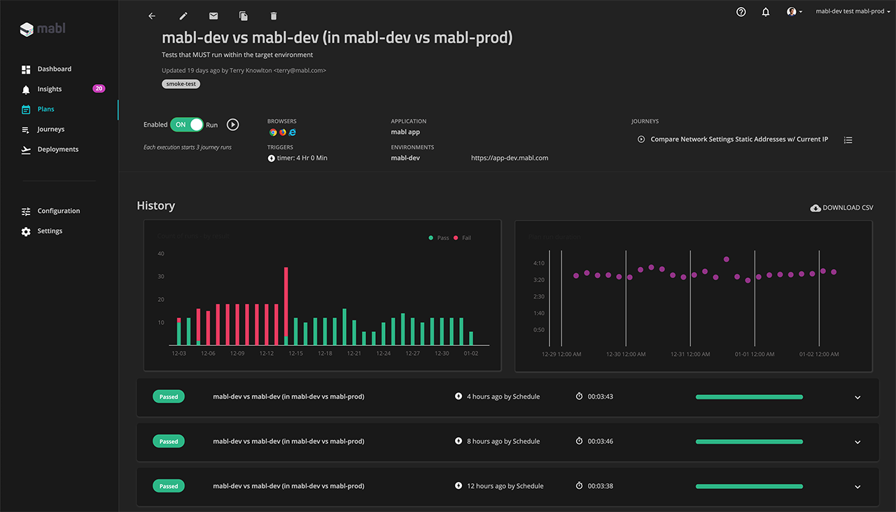 A screenshot of mabl's Plans page in dark mode and showing the history for a test.