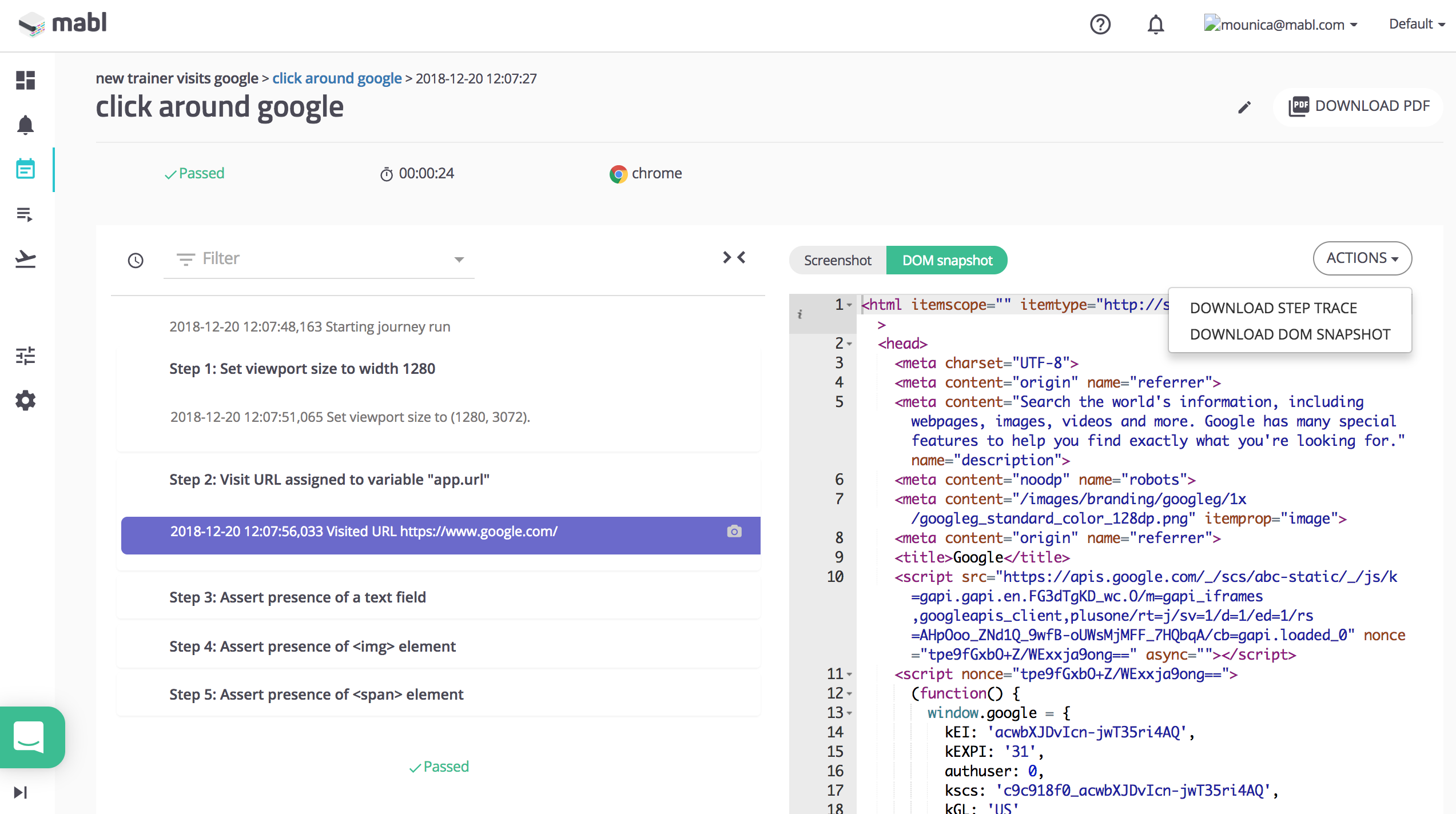 A screenshot showing how to view and download snapshots from a journey's execution output.