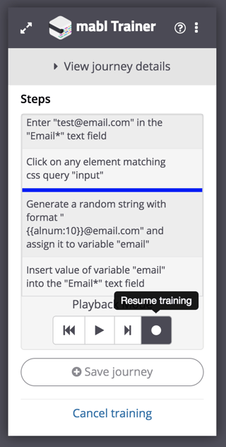 A screenshot showing that at any time during training, you can replay each step of your journey individually or as a whole.