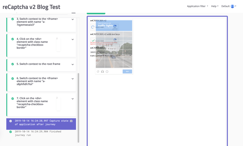 A screenshot showing that a green check mark appears on the modified reCAPTCHA box when running through the mabl app.