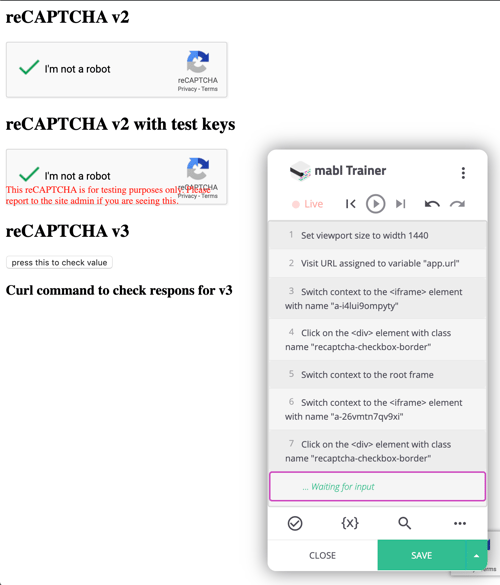 A screenshot showing that green check marks appear in both boxes during training for a reCAPTCHA v2 test.