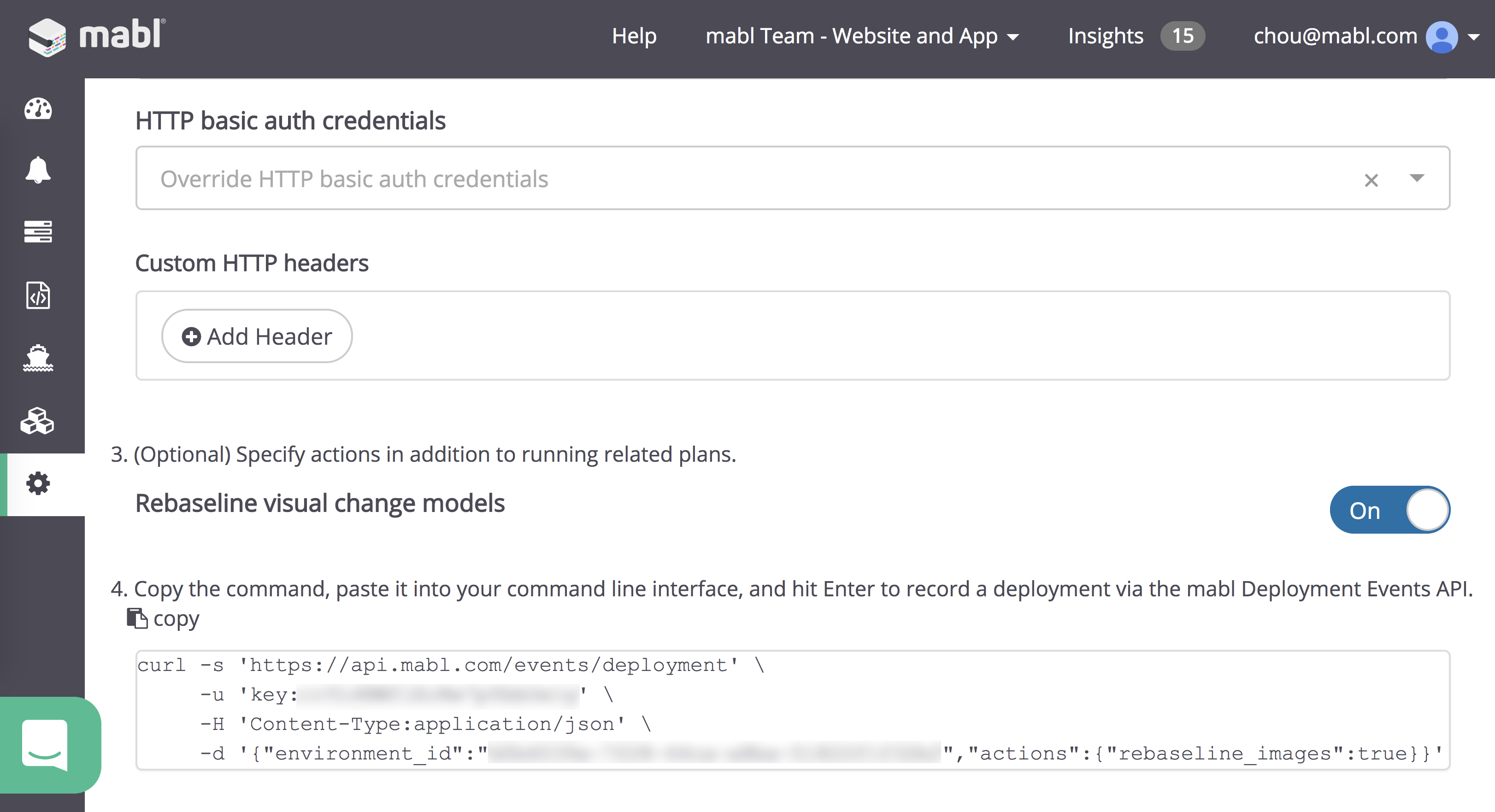 A screenshot showing how to include a directive that tells mabl to re-baseline all of the visual change models associated.