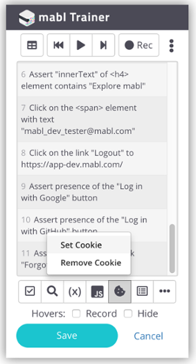 A screenshot showing how to create or delete a cookie to control the state of your application during a journey run.