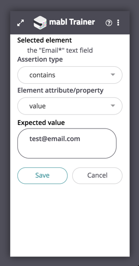A screenshot showing you need to add an assertion to verify that the Email text field contains a value equal to test@email.com.