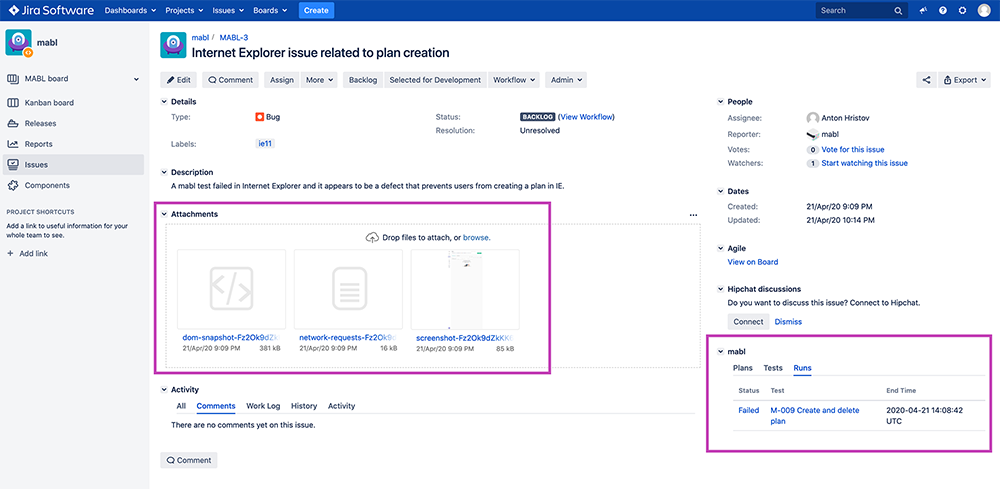 A screenshot showing how to view the association between issues and tests, and track issue status in either system.