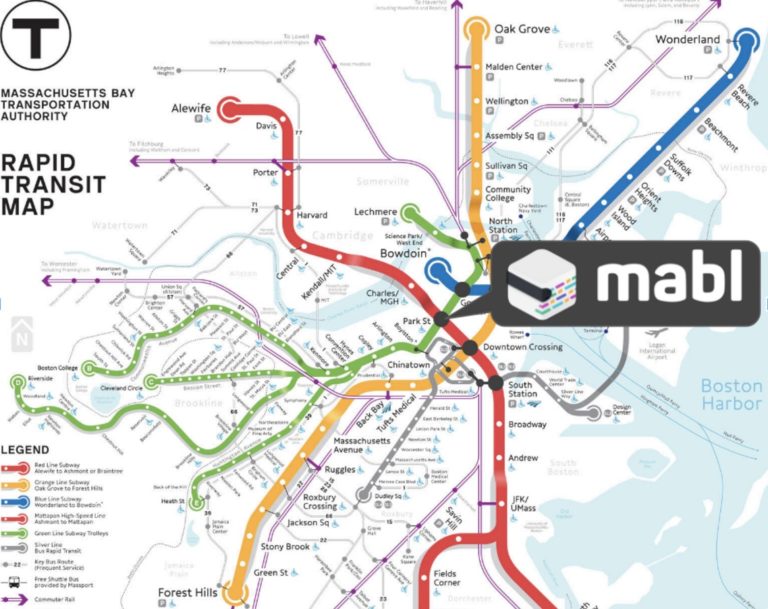 A Massachusetts Bay Transportation Authority Rapid Transit map with the mabl location labeled.