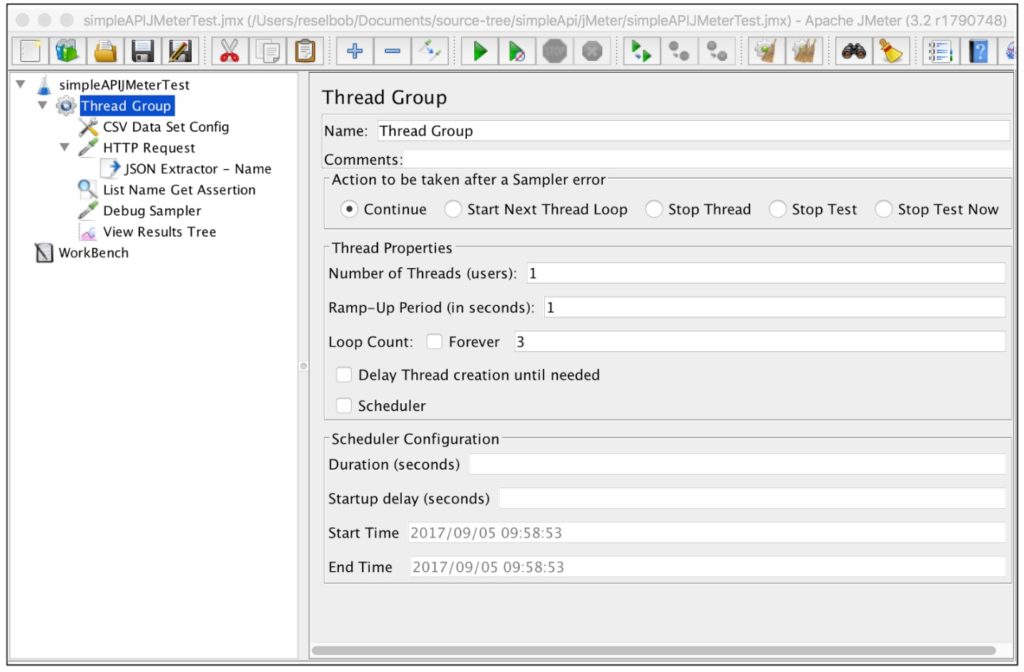 A screenshot showing a scope of testing implemented in JMeter and how all tests are created through visual composition.
