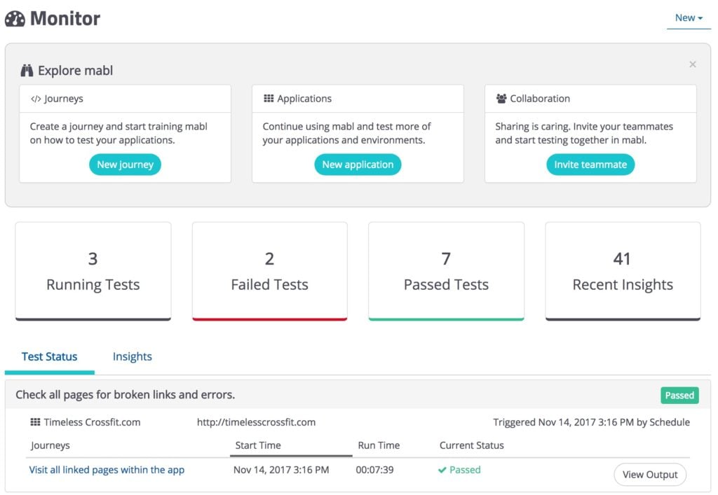 A screenshot showing the results of predictive testing in the mabl dashboard.