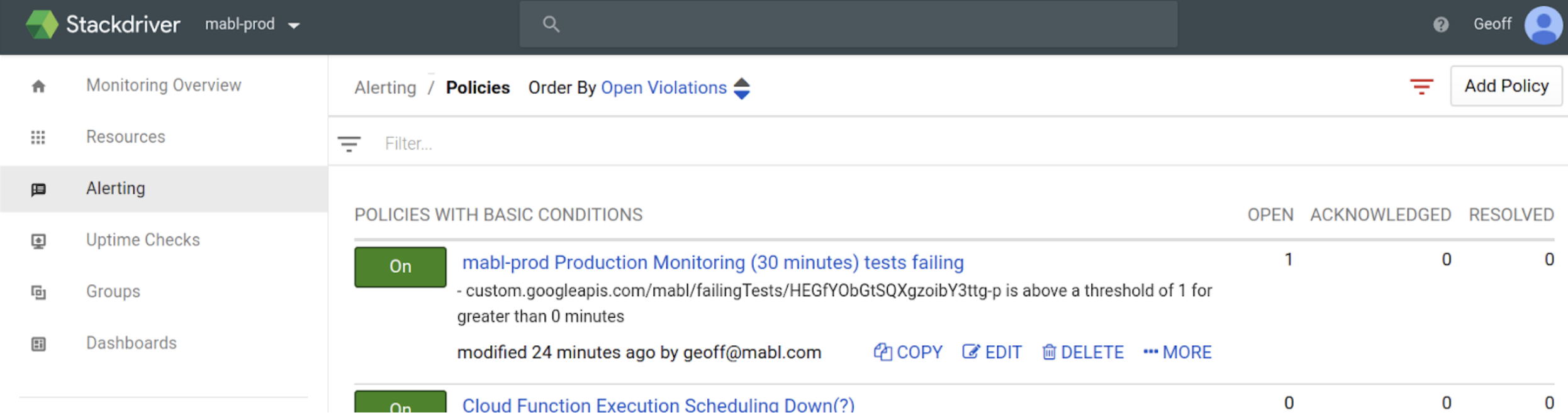 A screenshot showing how to define an alerting policy for the production monitoring plan in Stackdriver.