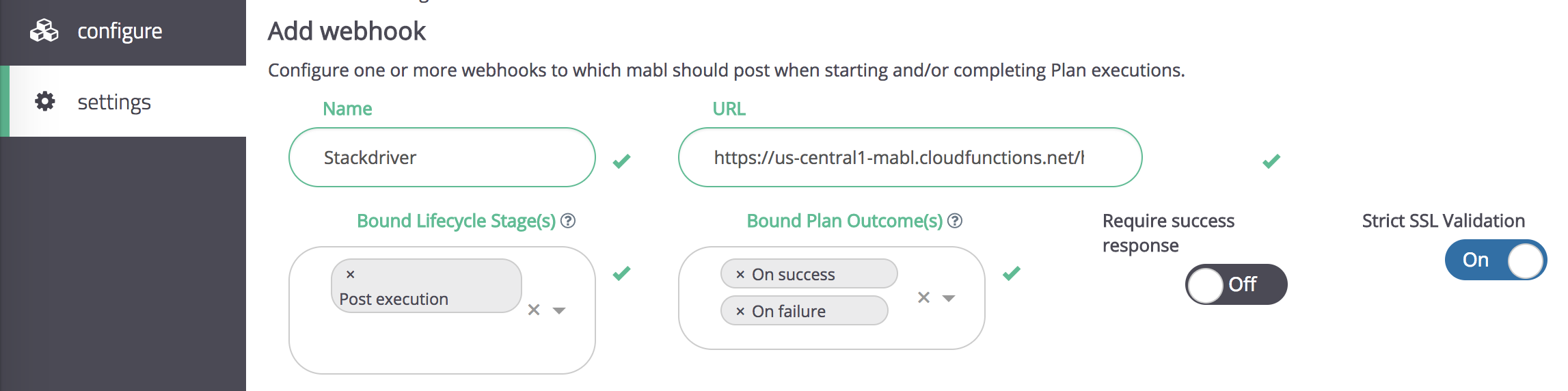 A screenshot showing how use mabl webhooks to send test results to Google Stackdriver.