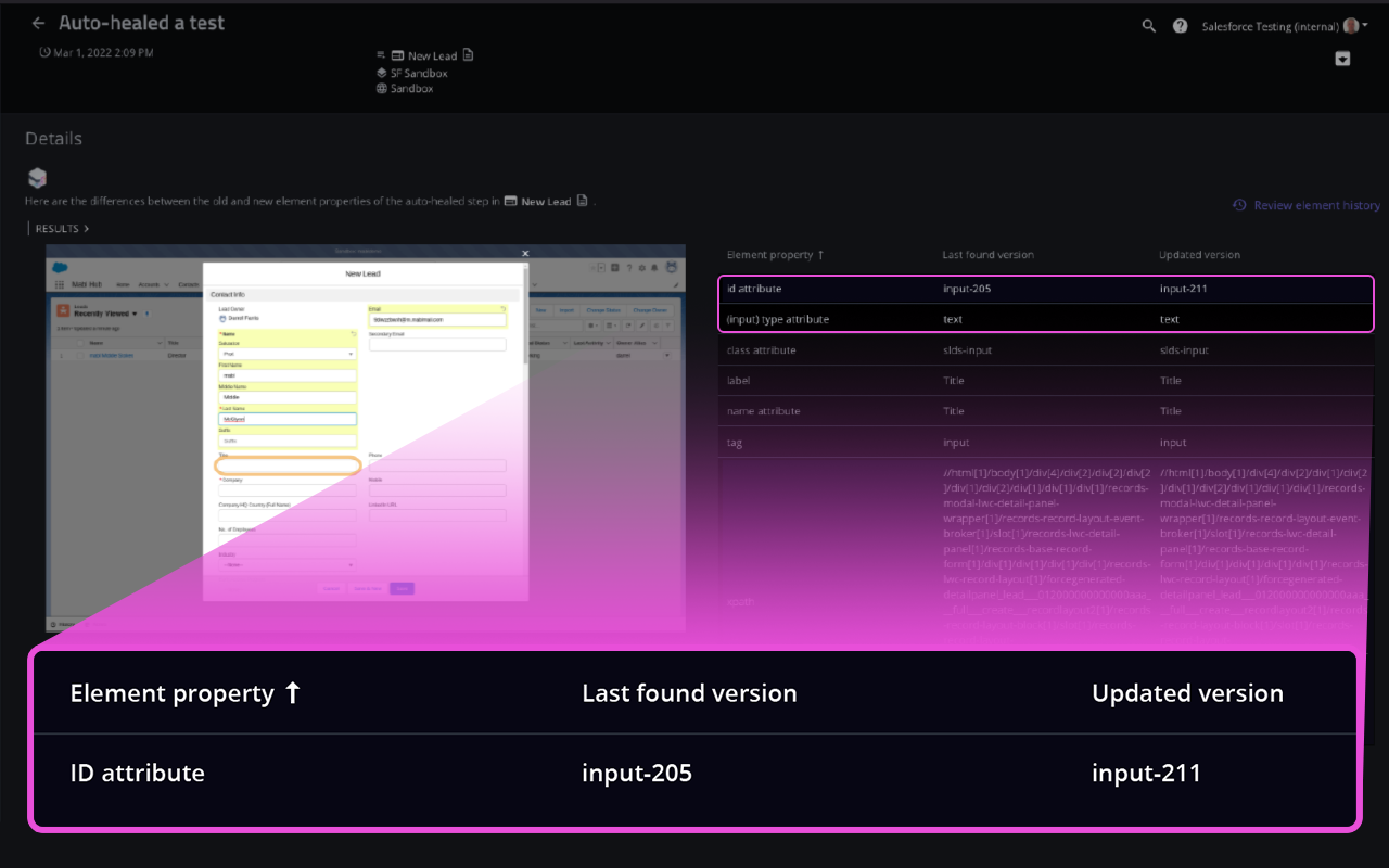 Test results in mabl showing an input element that was auto-healed