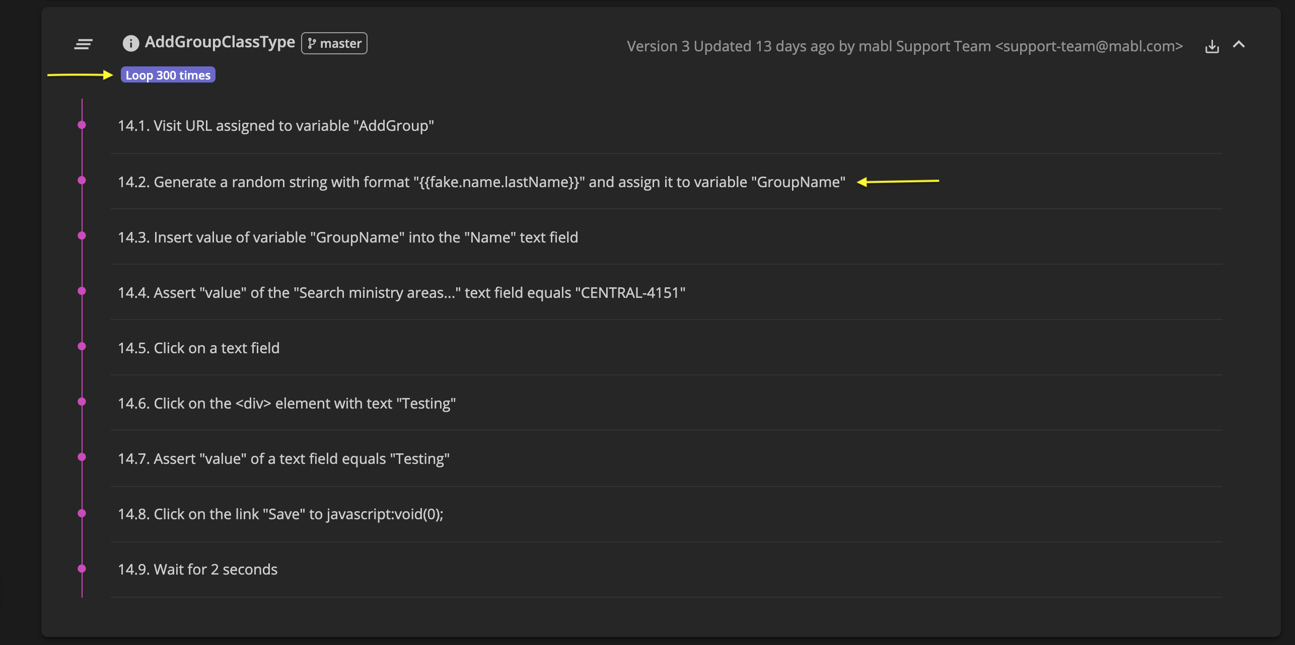 A screenshot of the mabl test steps and flow that were used to fix the issue.