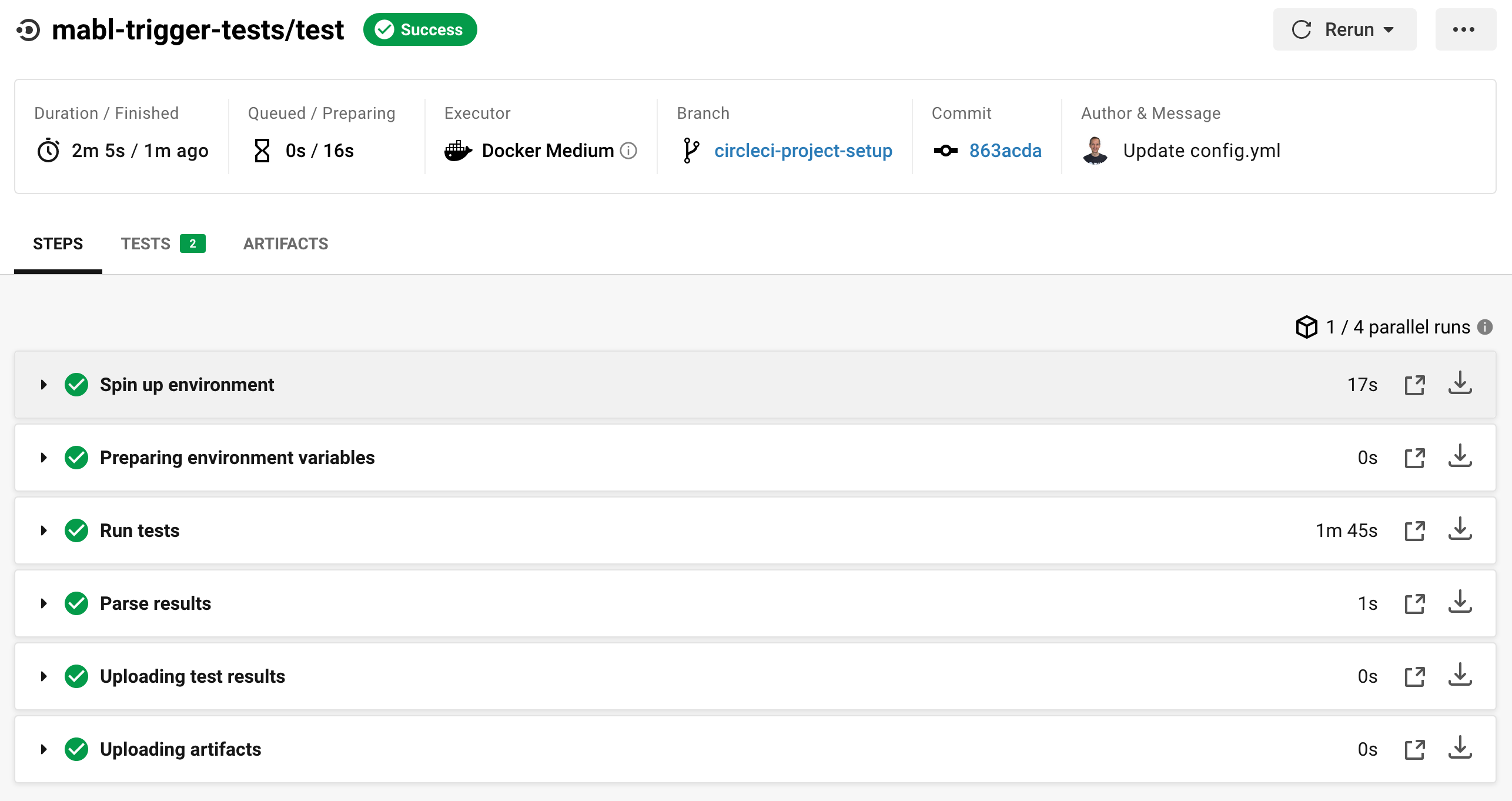 A screenshot showing how to execute tests as part of their CI/CD pipeline and to provide a test report of the executed tests.