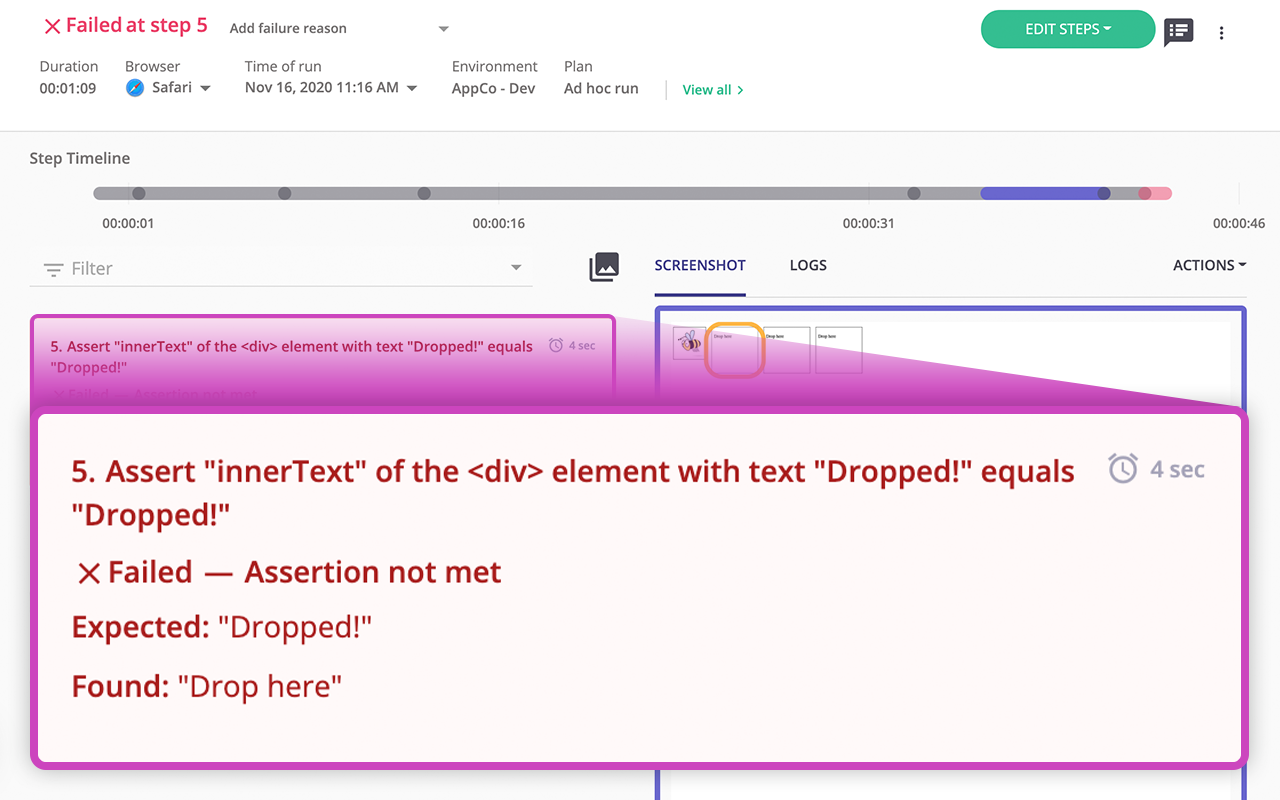 test results view with failed assertion