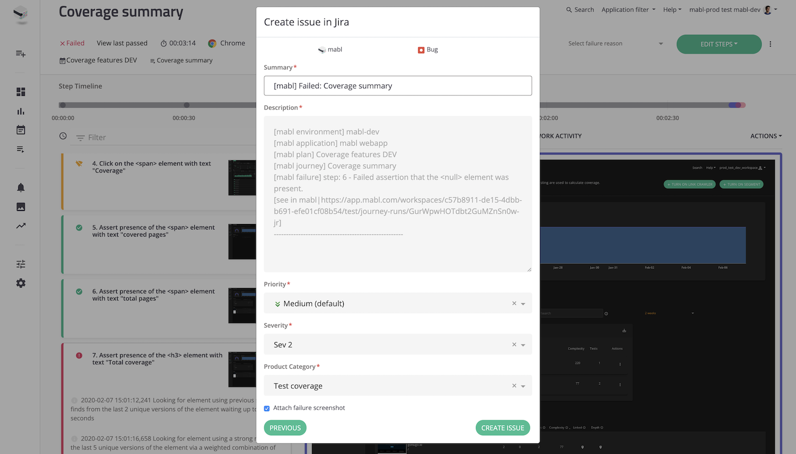 A screenshot showing how to gain quick and direct access to a mabl test within the Jira issue description.