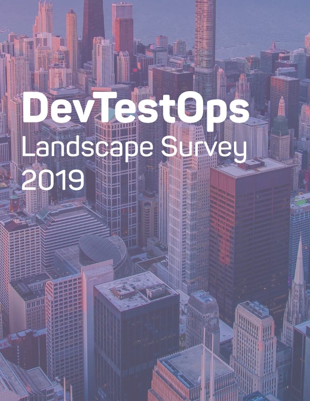 The words Dev Test Ops landscape survey 2019, over an image of skyscrapers.
