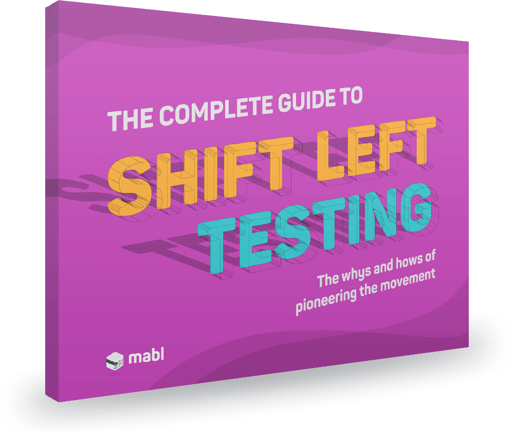 The words the complete guide to shift left testing the whys and hows of pioneering the movement, on a pink background.