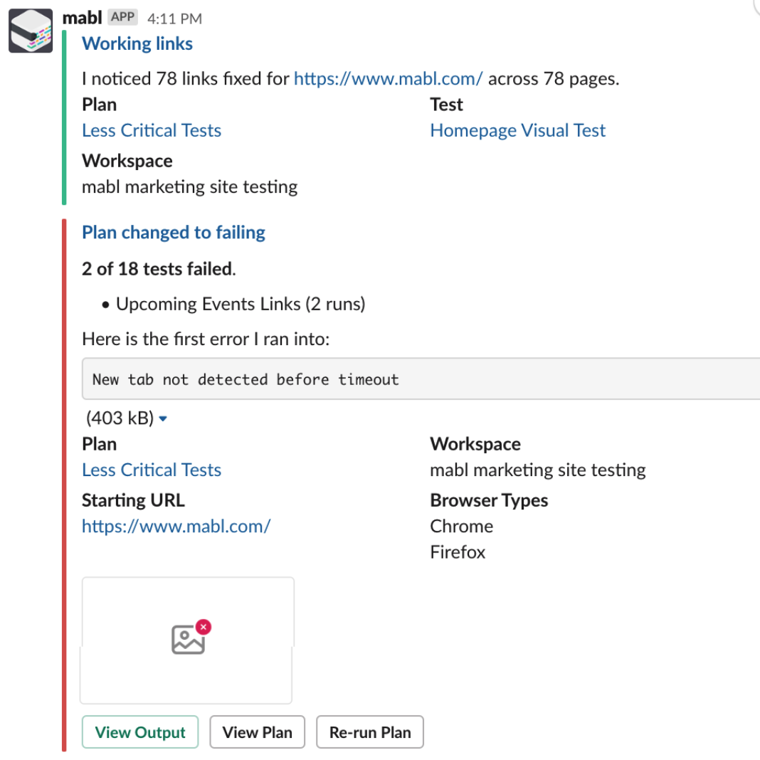 A screenshot showing how mabl and slack work together and enable users to stream all insights to a particular channel.