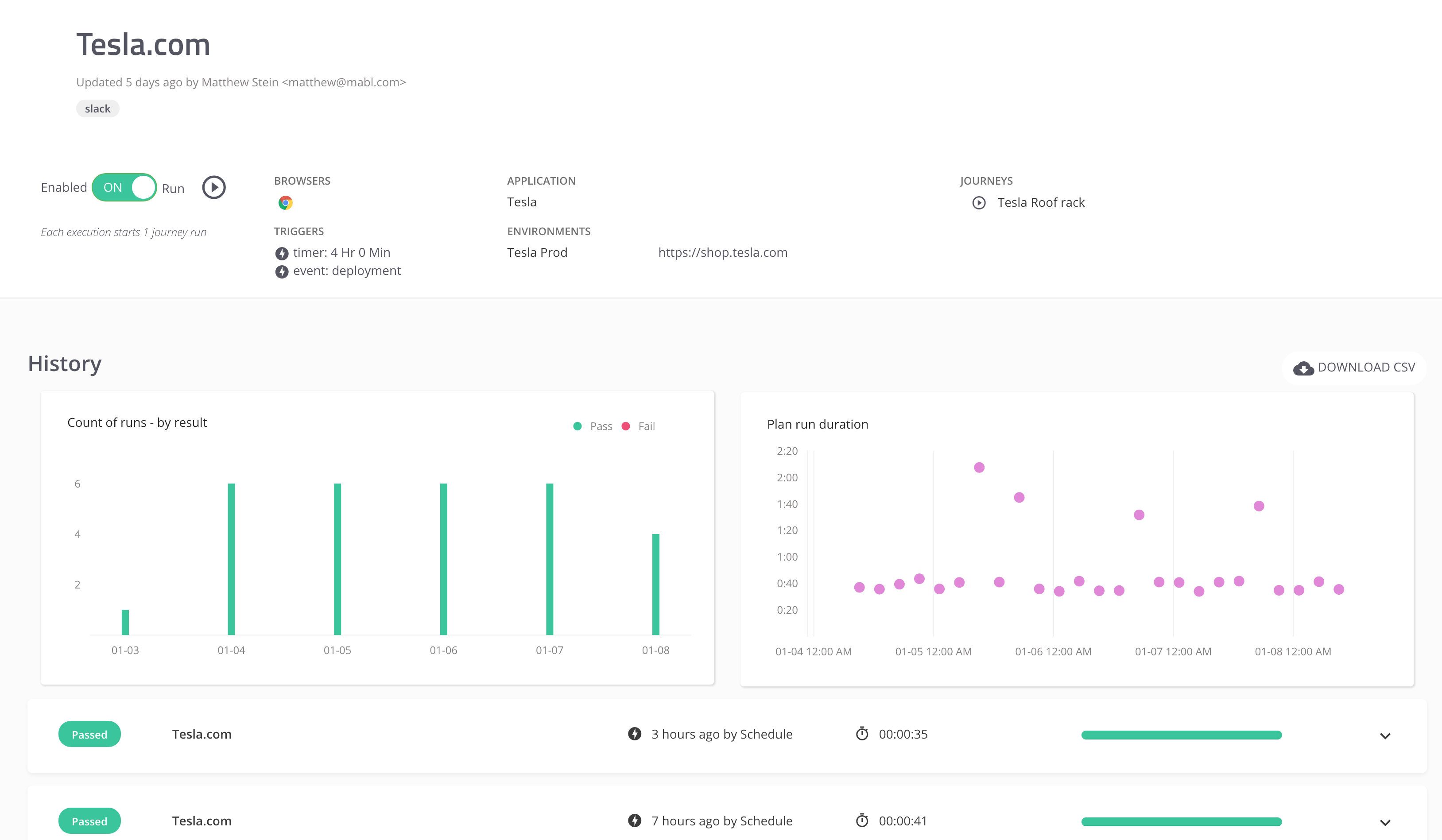 A screenshot showing that performance tracking is built into your tests so you can report and fix regressions fast.