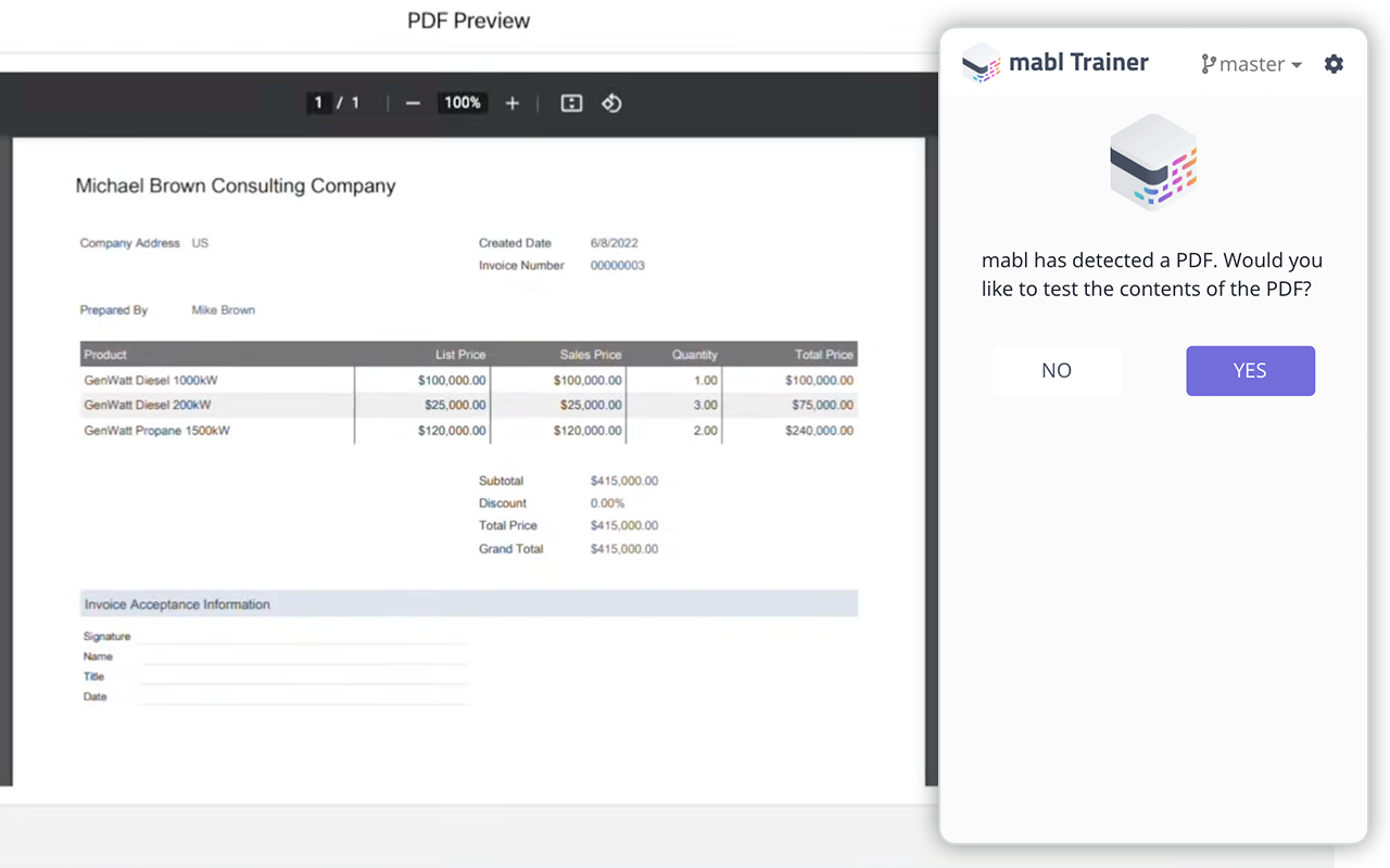 PDF test being built in the mabl trainer